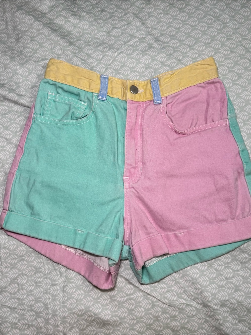 Women’s Pastel Colorblock Shorts - Pink & Mint with Yellow Waistband